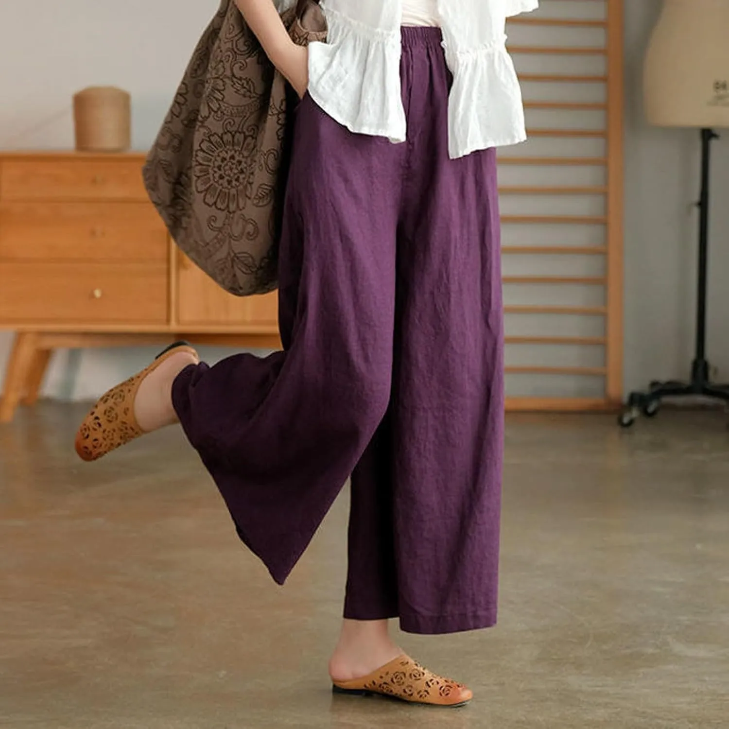 Womens Linen Summer Drawstring Pant Trousers Low Waist Bootcut Slim-Fit Palazzo Pants Trendy