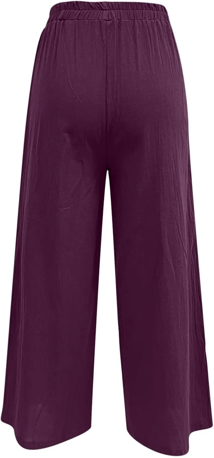 Womens Linen Summer Drawstring Pant Trousers Low Waist Bootcut Slim-Fit Palazzo Pants Trendy