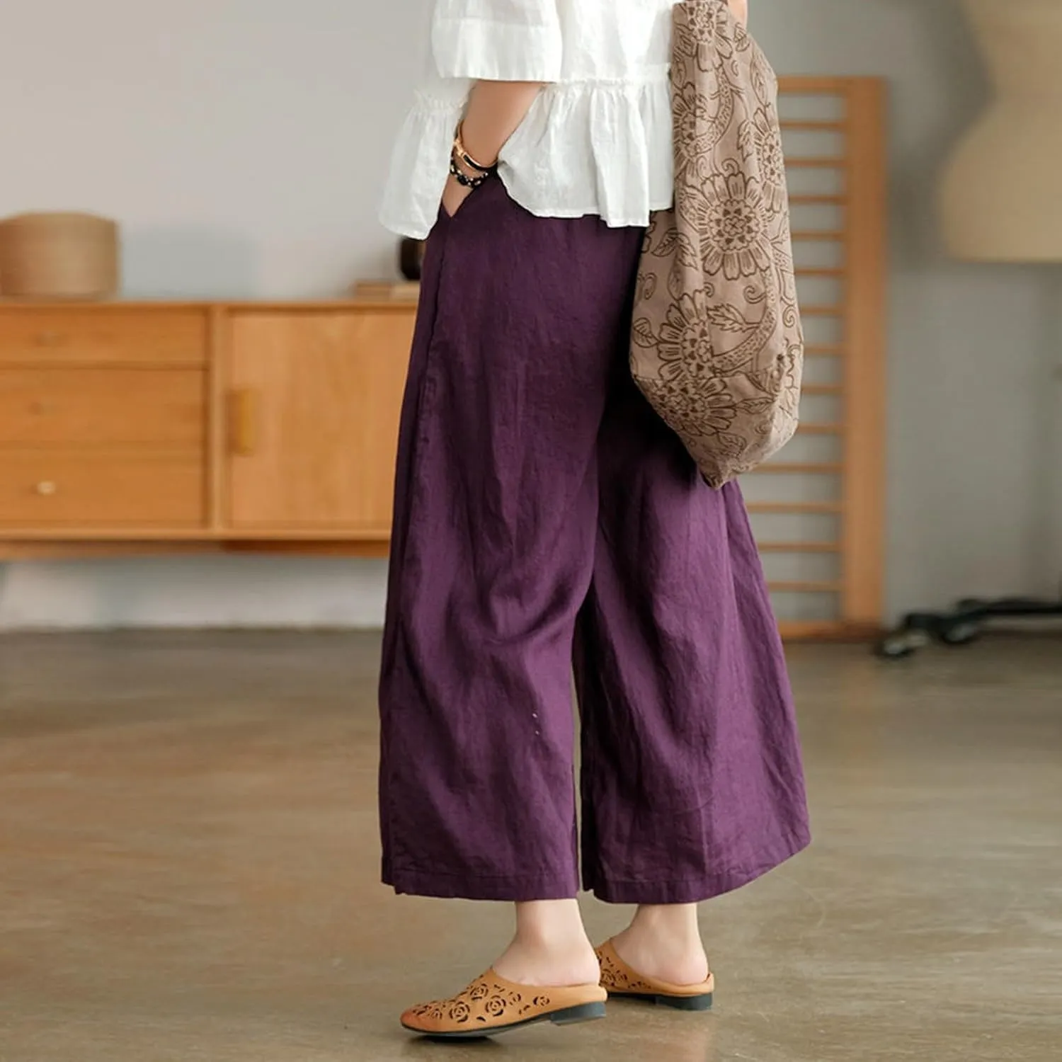 Womens Linen Summer Drawstring Pant Trousers Low Waist Bootcut Slim-Fit Palazzo Pants Trendy