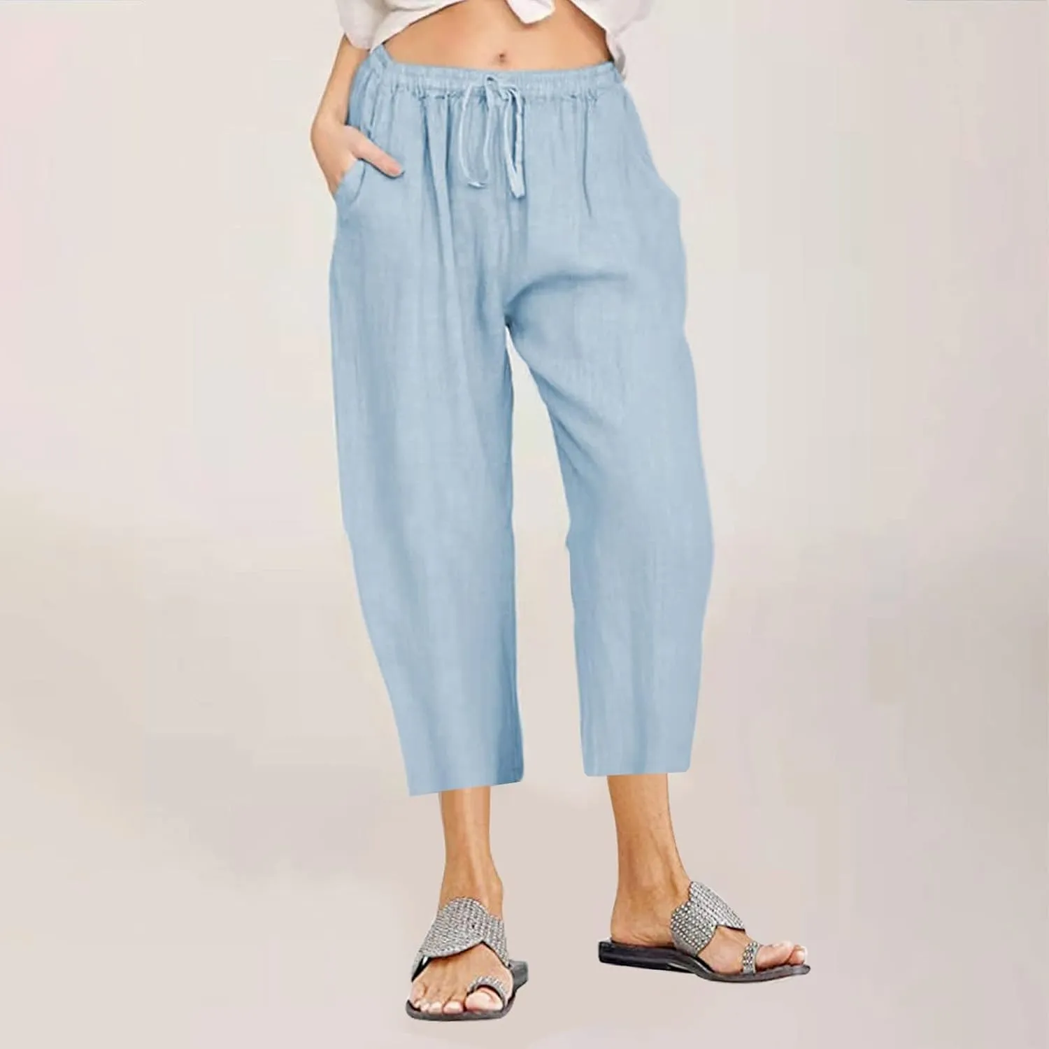Womens Linen Summer Flowy Pants Elastic Waisted Ankle Length Plus Size Trouser Travel