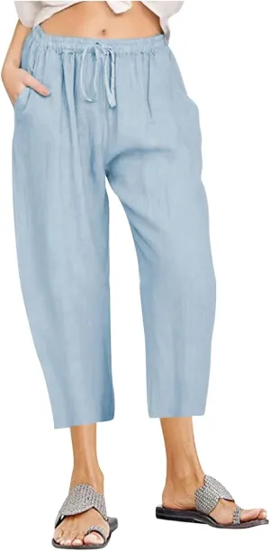 Womens Linen Summer Flowy Pants Elastic Waisted Ankle Length Plus Size Trouser Travel