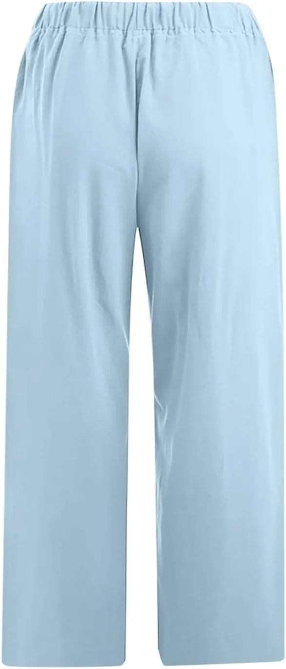 Womens Linen Summer Flowy Pants Elastic Waisted Ankle Length Plus Size Trouser Travel
