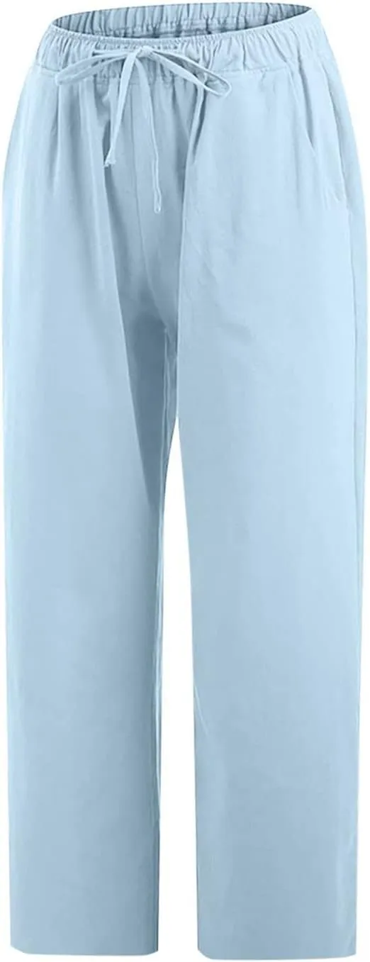 Womens Linen Summer Flowy Pants Elastic Waisted Ankle Length Plus Size Trouser Travel