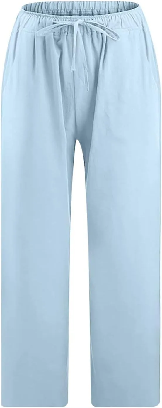 Womens Linen Summer Flowy Pants Elastic Waisted Ankle Length Plus Size Trouser Travel