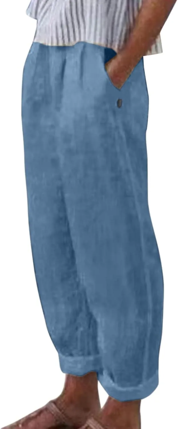 Womens Linen Summer Letter Patched Pants Elastic Waisted Stretchy Straight Plus Size Pant Trousers Vacation
