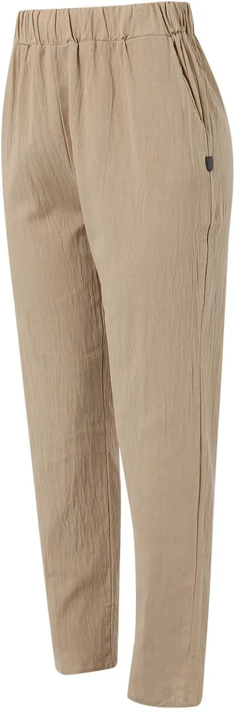 Womens Linen Summer Letter Patched Pants Elastic Waisted Stretchy Straight Plus Size Pant Trousers Vacation