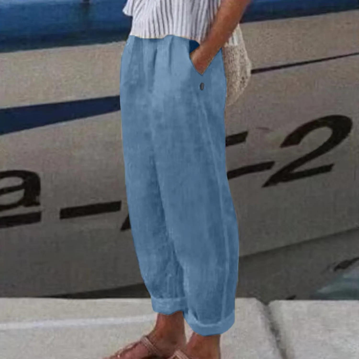 Womens Linen Summer Letter Patched Pants Elastic Waisted Stretchy Straight Plus Size Pant Trousers Vacation