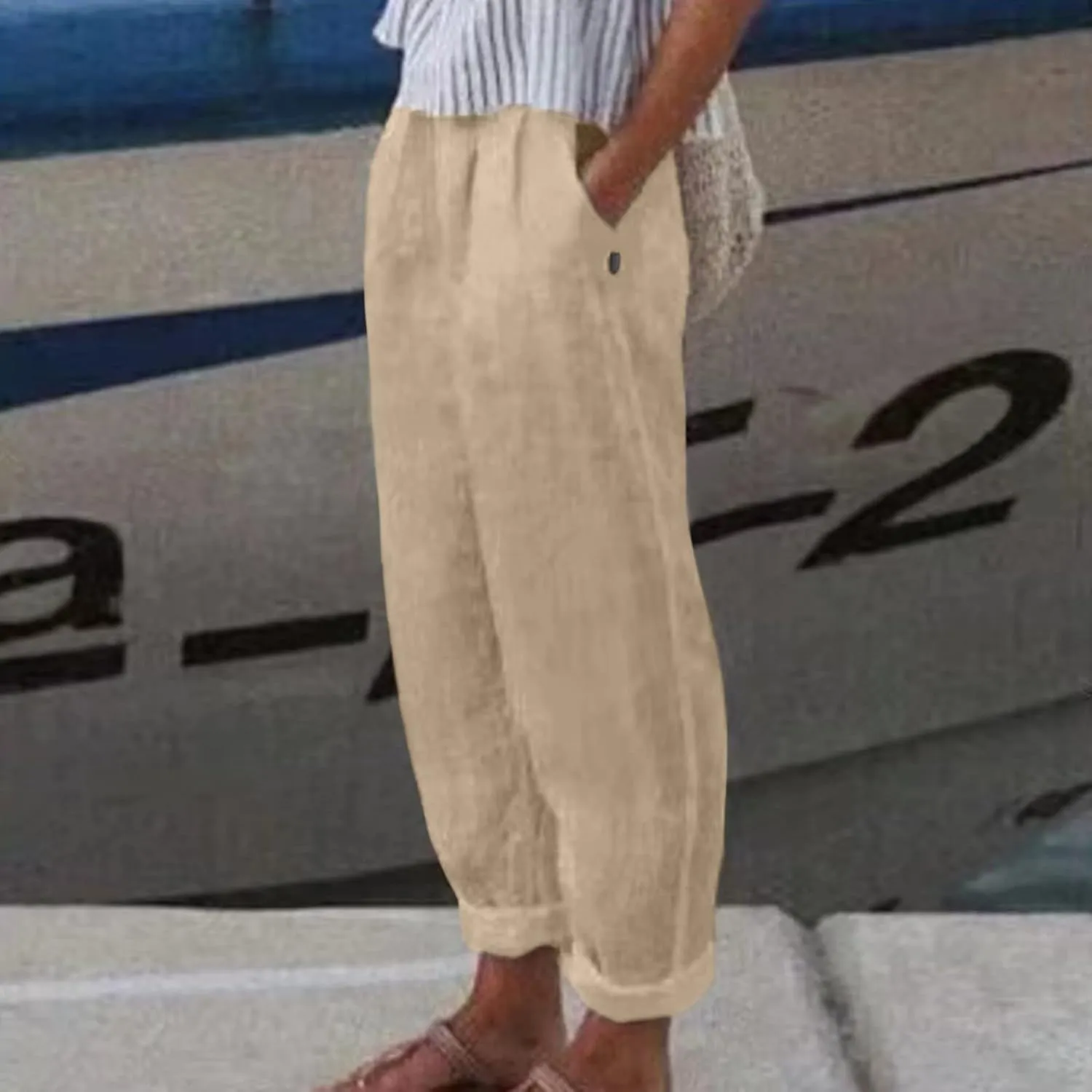 Womens Linen Summer Letter Patched Pants Elastic Waisted Stretchy Straight Plus Size Pant Trousers Vacation