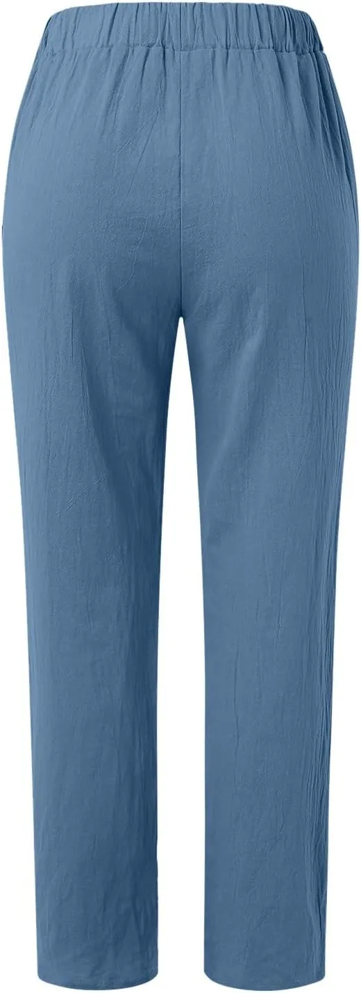 Womens Linen Summer Letter Patched Pants Elastic Waisted Stretchy Straight Plus Size Pant Trousers Vacation