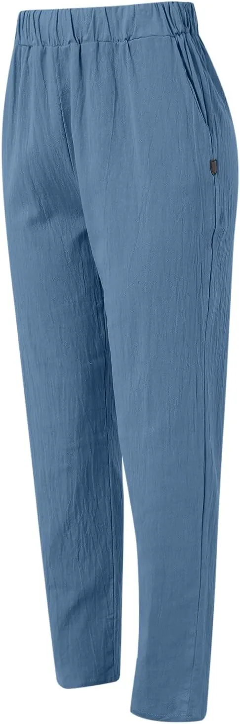 Womens Linen Summer Letter Patched Pants Elastic Waisted Stretchy Straight Plus Size Pant Trousers Vacation