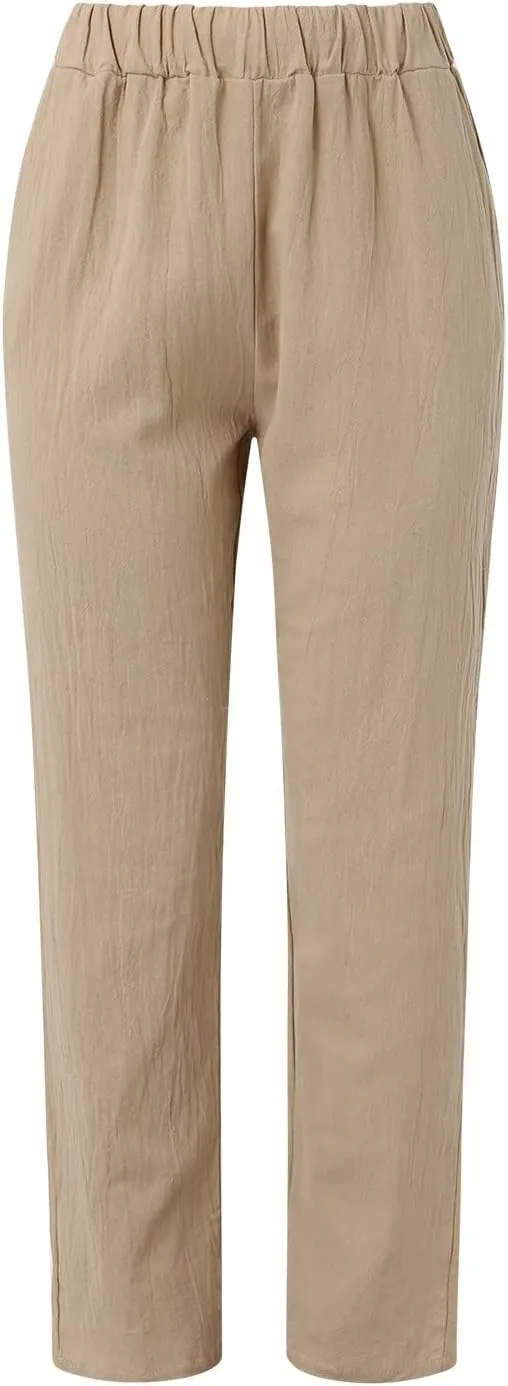 Womens Linen Summer Letter Patched Pants Elastic Waisted Stretchy Straight Plus Size Pant Trousers Vacation