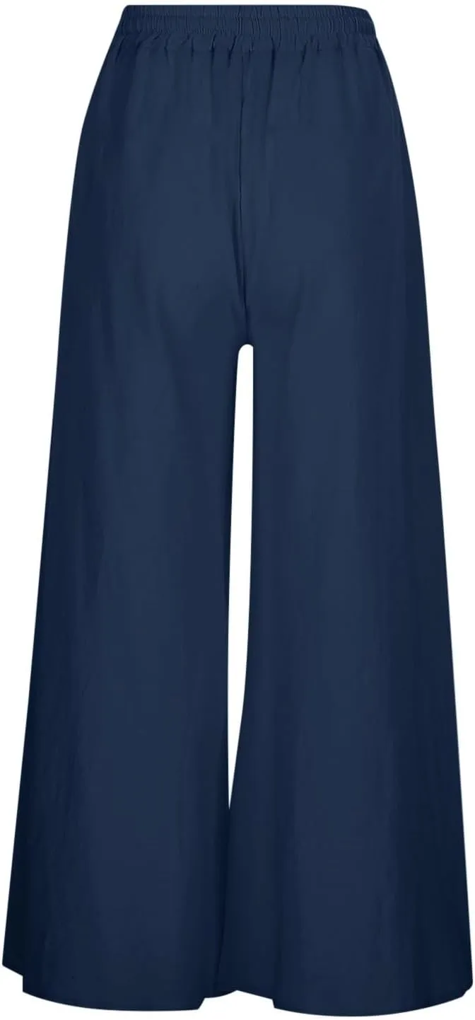 Womens Linen Summer Palazzo Palazzo Pants Elastic Waisted Lounge Pants Plus Size Pant Trousers Office
