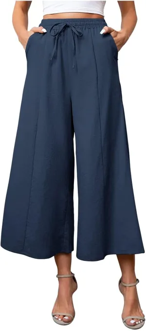 Womens Linen Summer Palazzo Palazzo Pants Elastic Waisted Lounge Pants Plus Size Pant Trousers Office