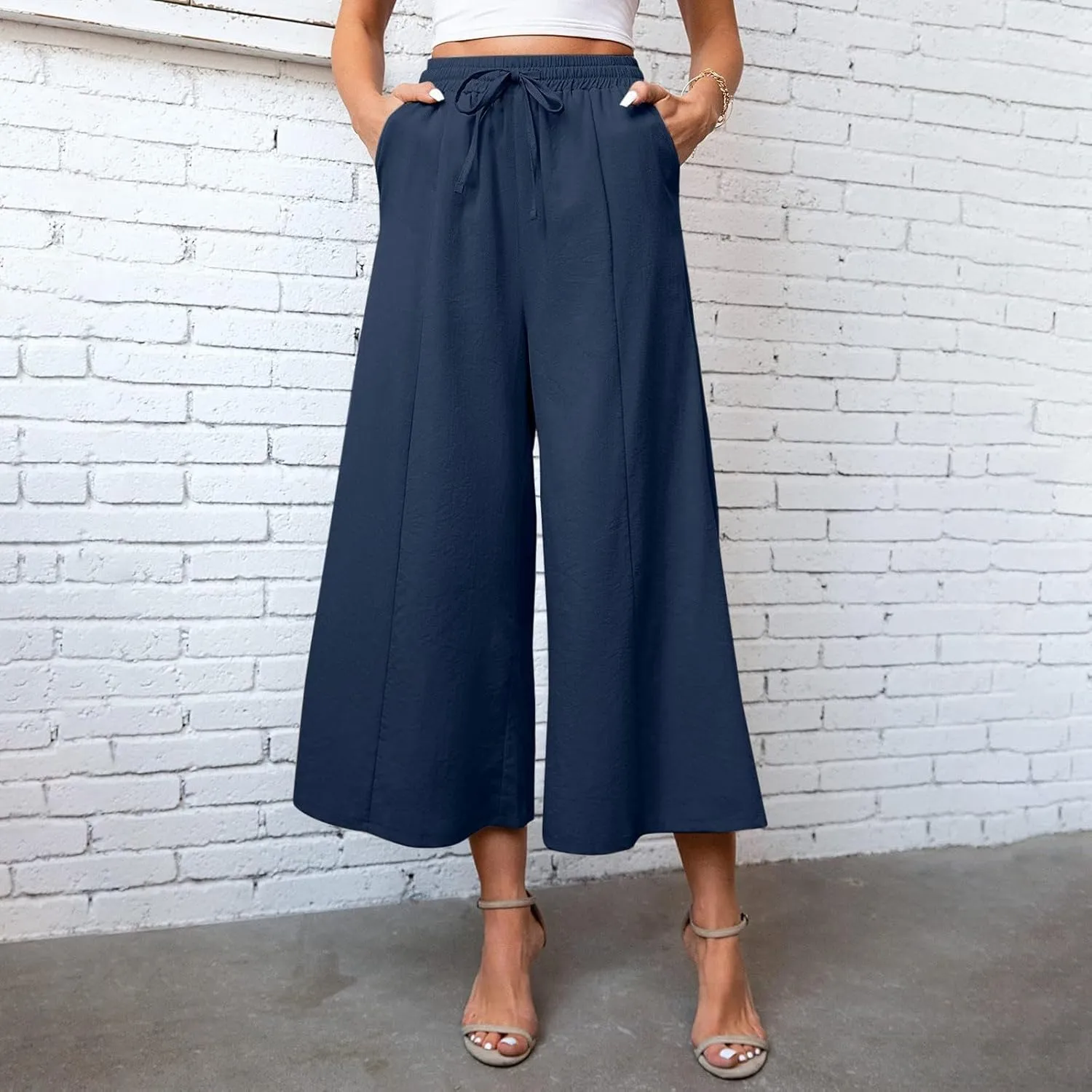 Womens Linen Summer Palazzo Palazzo Pants Elastic Waisted Lounge Pants Plus Size Pant Trousers Office