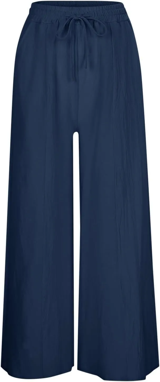 Womens Linen Summer Palazzo Palazzo Pants Elastic Waisted Lounge Pants Plus Size Pant Trousers Office