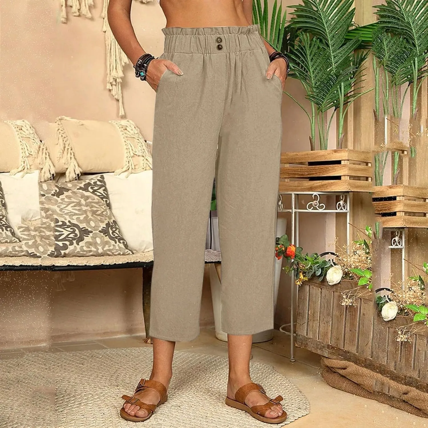Women's Linen Summer Palazzo Palazzo Pants High Waist Wide Leg Slim-Fit Pants Travel