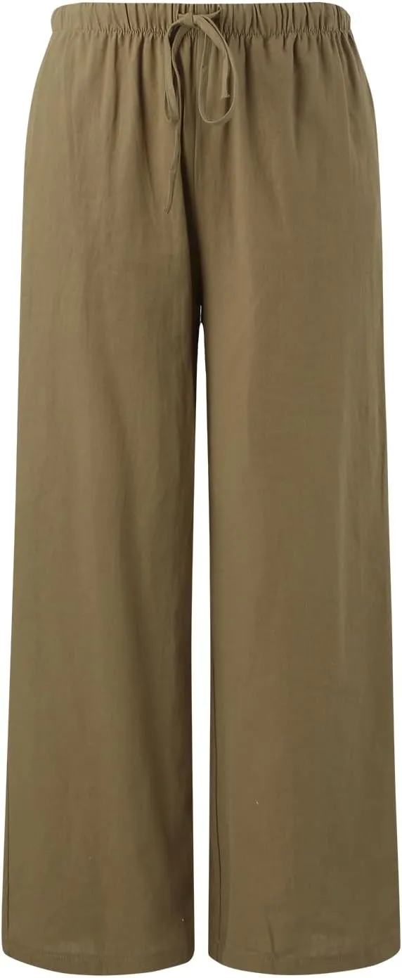 Women's Linen Summer Palazzo Pants Flowy Wide Leg Beach Trousers Drawstring Elastic Waist Pant with Pockets