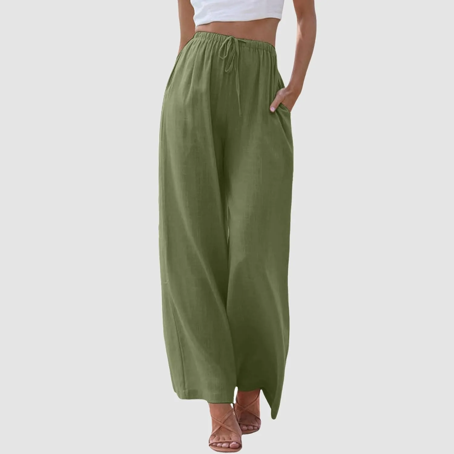 Women's Linen Summer Palazzo Pants Flowy Wide Leg Beach Trousers Drawstring Elastic Waist Pant with Pockets
