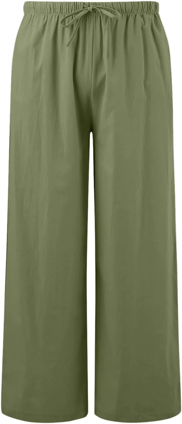 Women's Linen Summer Palazzo Pants Flowy Wide Leg Beach Trousers Drawstring Elastic Waist Pant with Pockets