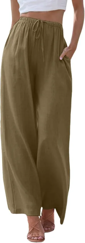 Women's Linen Summer Palazzo Pants Flowy Wide Leg Beach Trousers Drawstring Elastic Waist Pant with Pockets