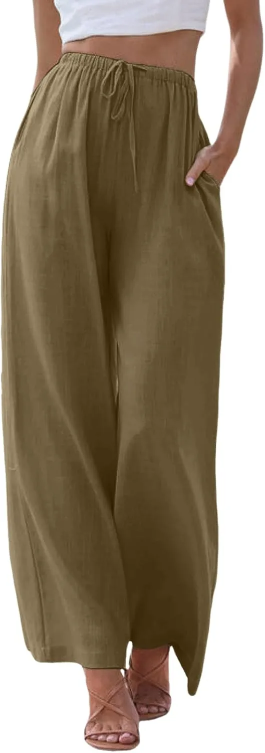 Women's Linen Summer Palazzo Pants Flowy Wide Leg Beach Trousers Drawstring Elastic Waist Pant with Pockets