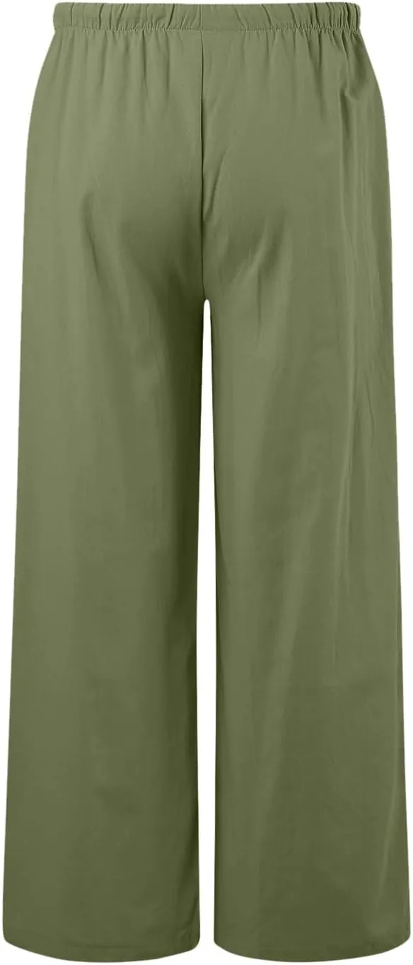 Women's Linen Summer Palazzo Pants Flowy Wide Leg Beach Trousers Drawstring Elastic Waist Pant with Pockets