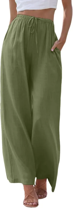 Women's Linen Summer Palazzo Pants Flowy Wide Leg Beach Trousers Drawstring Elastic Waist Pant with Pockets