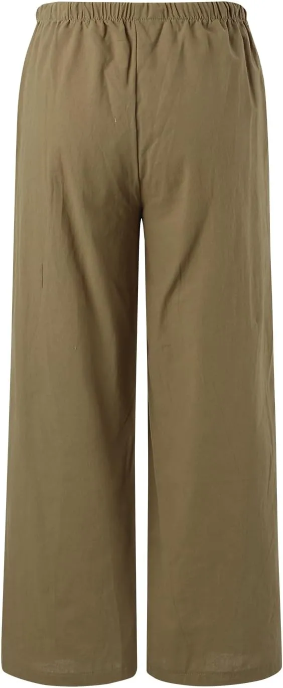 Women's Linen Summer Palazzo Pants Flowy Wide Leg Beach Trousers Drawstring Elastic Waist Pant with Pockets