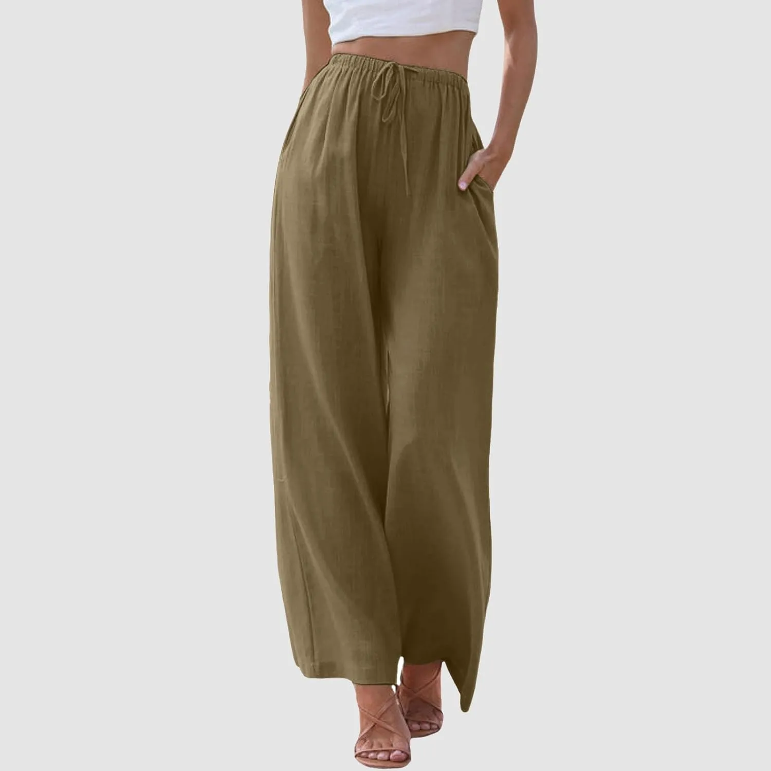 Women's Linen Summer Palazzo Pants Flowy Wide Leg Beach Trousers Drawstring Elastic Waist Pant with Pockets