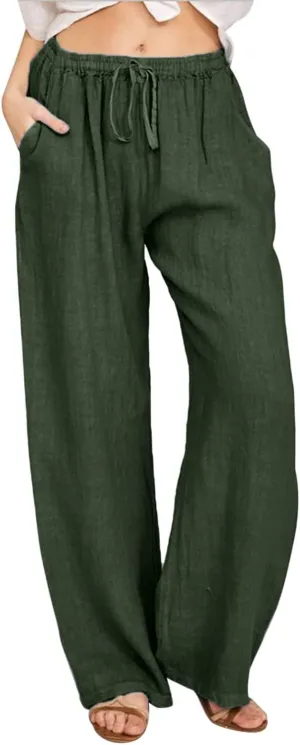 Womens Linen Summer Pull On Palazzo Lounge Pants High Waist Ankle Length Loose Fit Pants Work Business