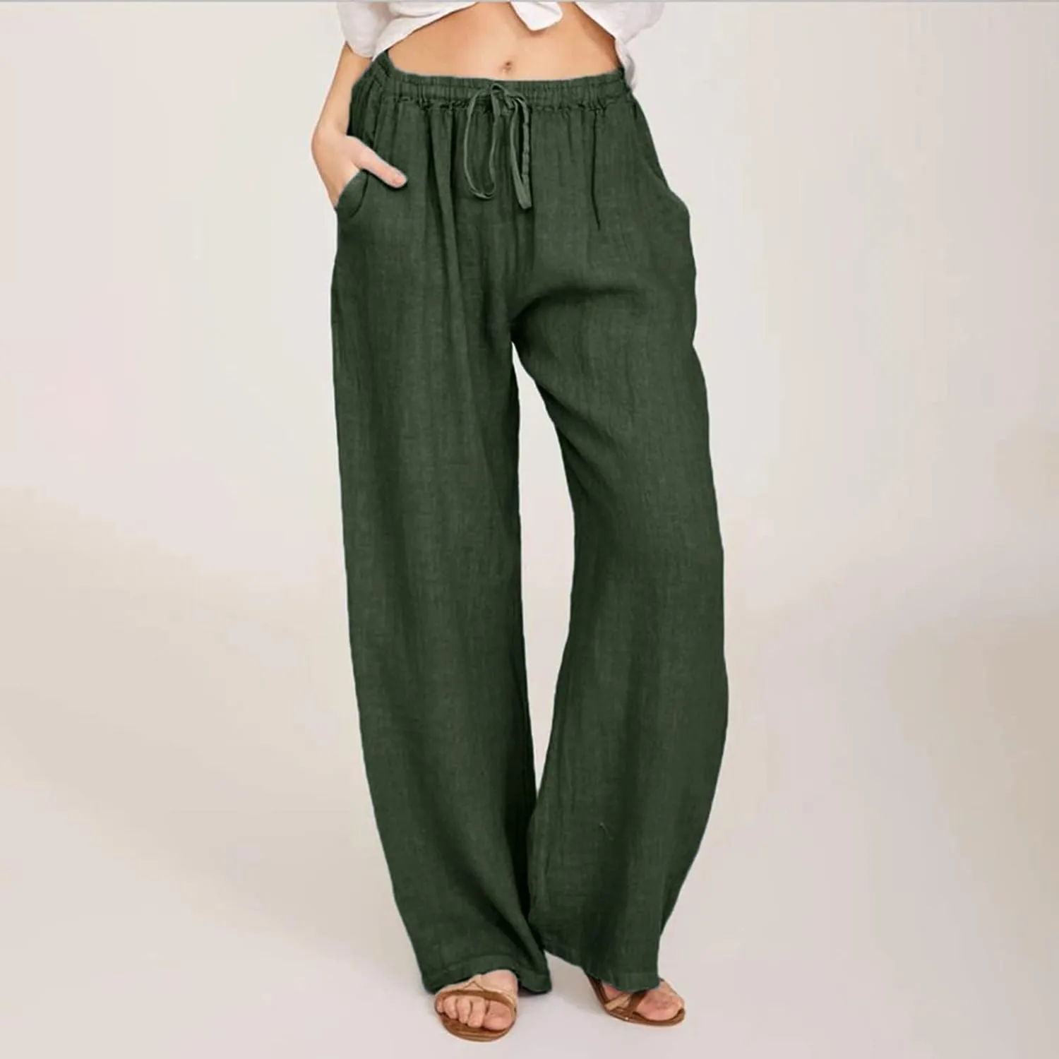 Womens Linen Summer Pull On Palazzo Lounge Pants High Waist Ankle Length Loose Fit Pants Work Business