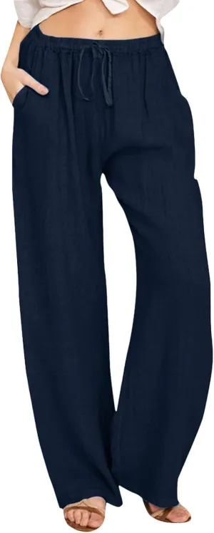 Women's Linen Summer Solid Palazzo Lounge Pants Low Waist Straight Slim-Fit Palazzo Lounge Pants Business Work