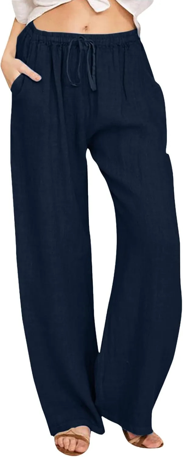 Women's Linen Summer Solid Palazzo Lounge Pants Low Waist Straight Slim-Fit Palazzo Lounge Pants Business Work