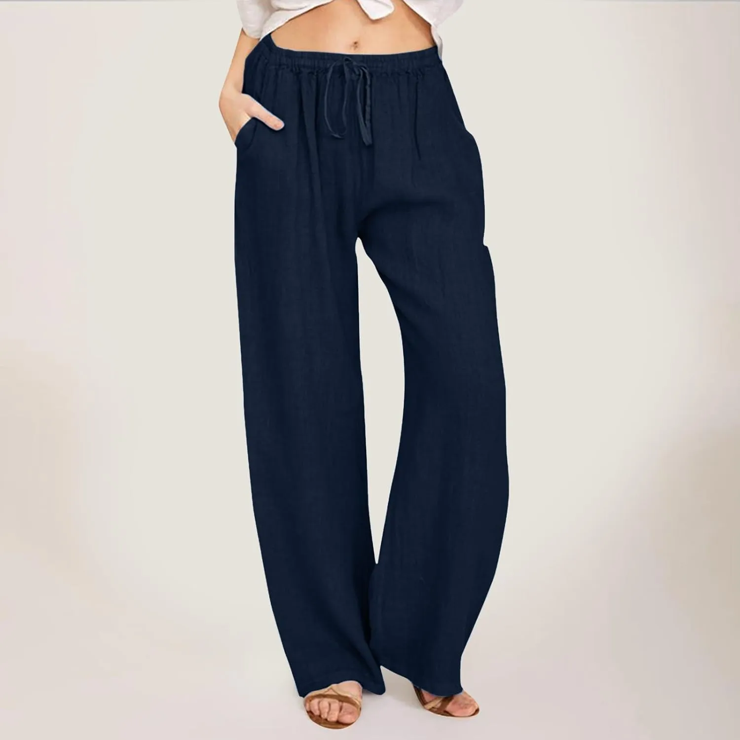 Women's Linen Summer Solid Palazzo Lounge Pants Low Waist Straight Slim-Fit Palazzo Lounge Pants Business Work