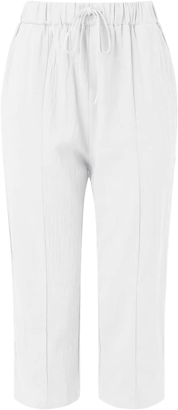 Women's Linen Summer Solid Palazzo Pants Elastic Waist Wide Leg Plus Size Trouser Travel