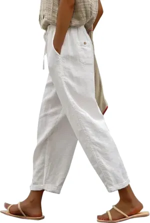 Women's Linen Summer Solid Palazzo Pants Elastic Waist Wide Leg Plus Size Trouser Travel