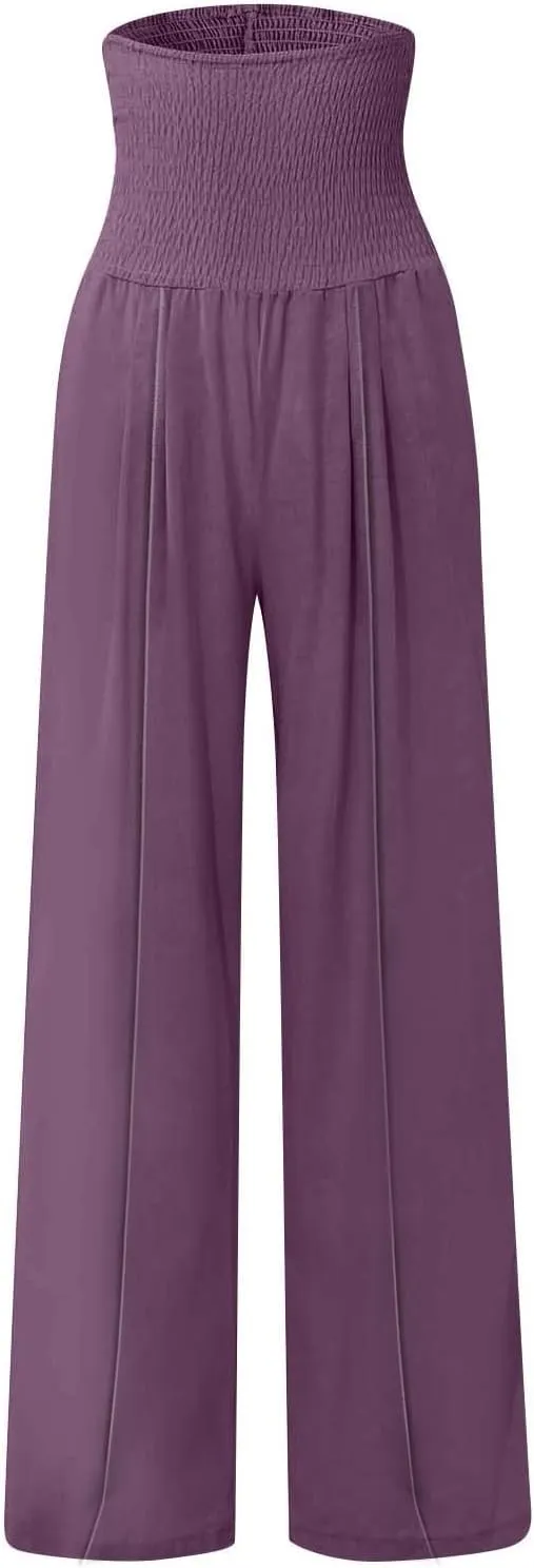 Womens Linen Summer Split Flowy Palazzo Lounge Pants Elastic Waisted Baggy Stretchy Loose Fit Palazzo Pants