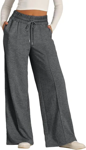 Womens Linen Summer Split Flowy Palazzo Lounge Pants Elastic Waisted Baggy Stretchy Loose Fit Palazzo Pants
