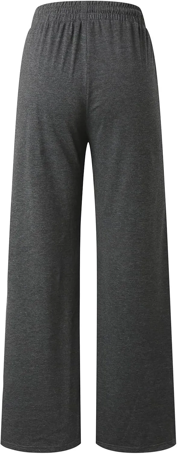 Womens Linen Summer Split Flowy Palazzo Lounge Pants Elastic Waisted Baggy Stretchy Loose Fit Palazzo Pants