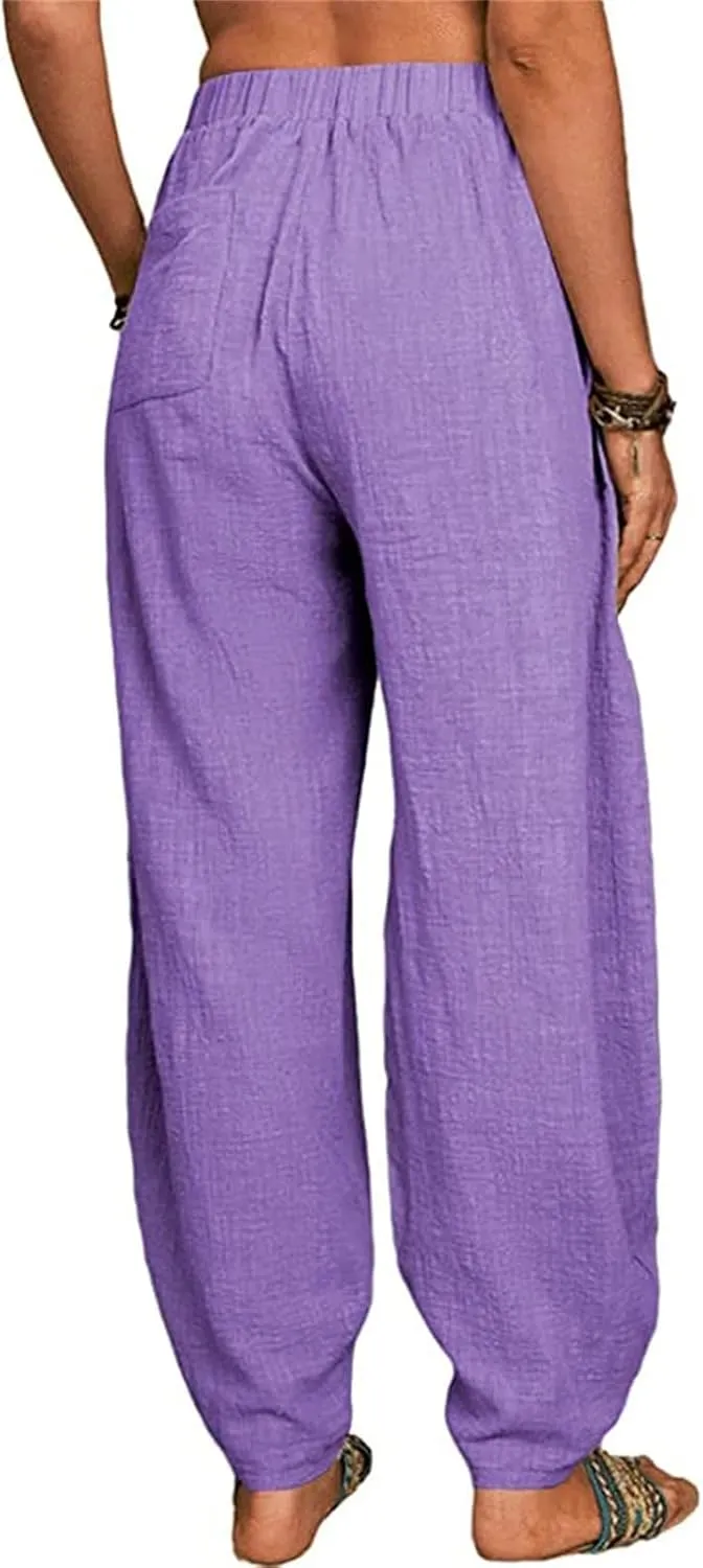 Women's Linen Summer Split Flowy Palazzo Pants Elastic Waisted Long Lounge Loose Fit Pants Vacation