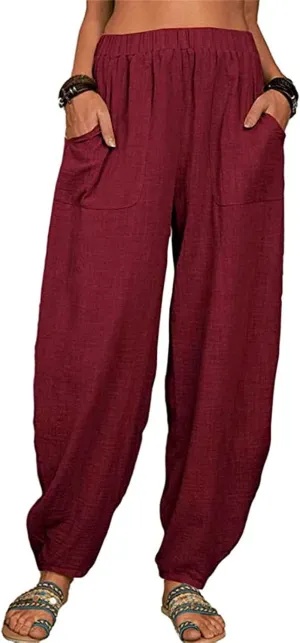 Women's Linen Summer Split Flowy Palazzo Pants Elastic Waisted Long Lounge Loose Fit Pants Vacation