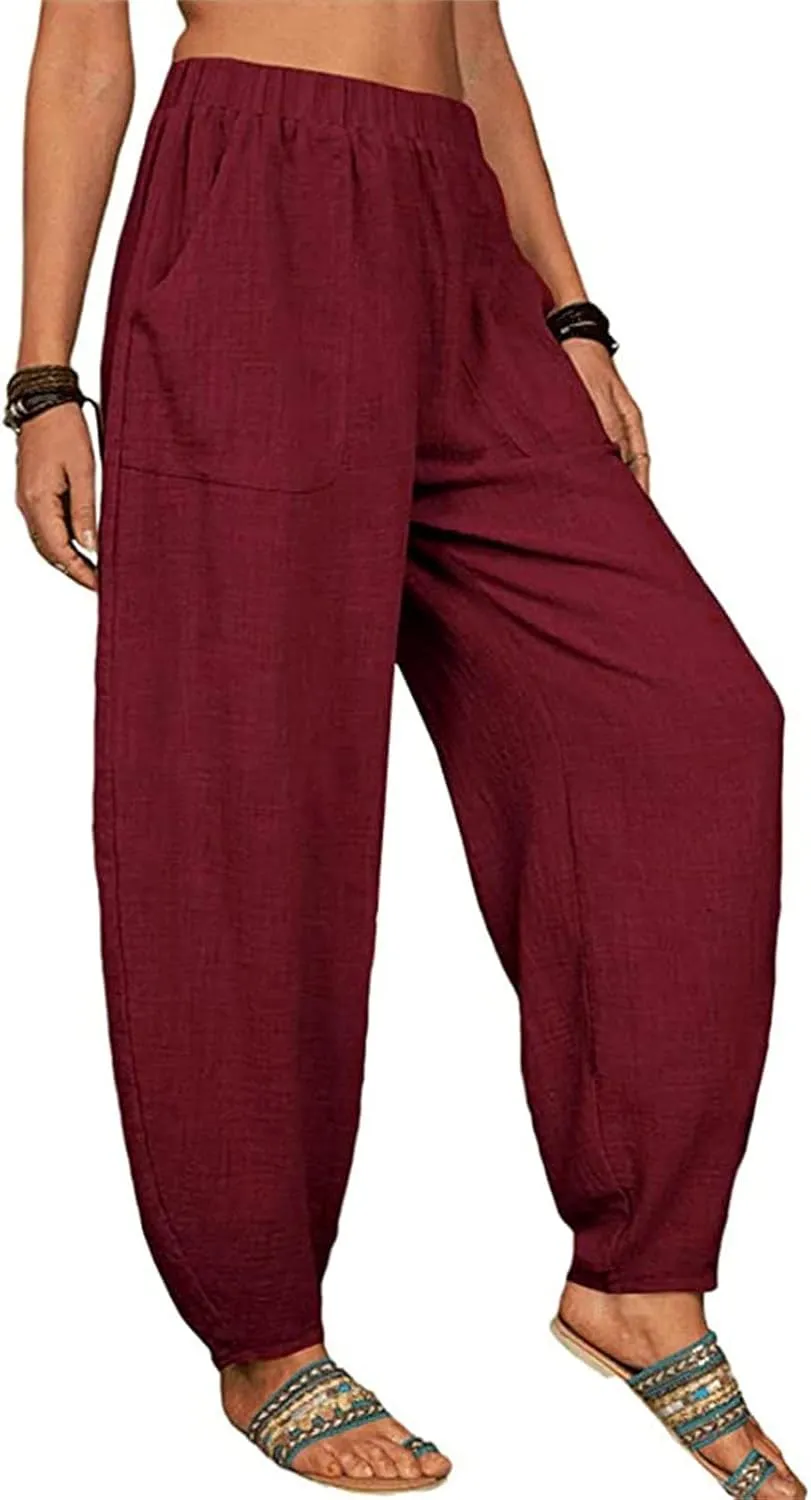 Women's Linen Summer Split Flowy Palazzo Pants Elastic Waisted Long Lounge Loose Fit Pants Vacation