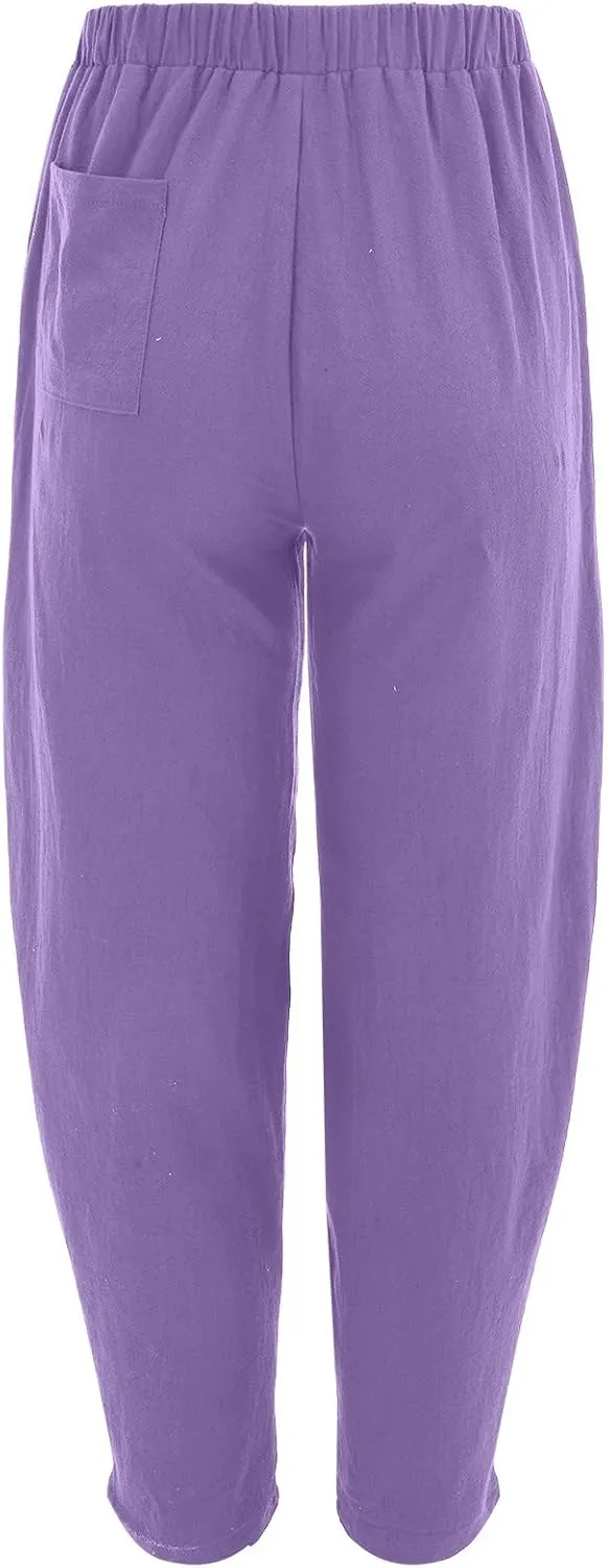 Women's Linen Summer Split Flowy Palazzo Pants Elastic Waisted Long Lounge Loose Fit Pants Vacation