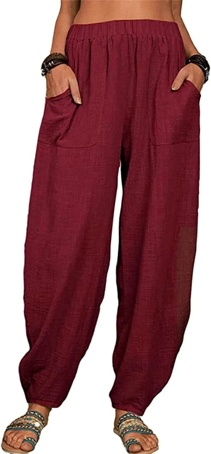 Women's Linen Summer Split Flowy Palazzo Pants Elastic Waisted Long Lounge Loose Fit Pants Vacation