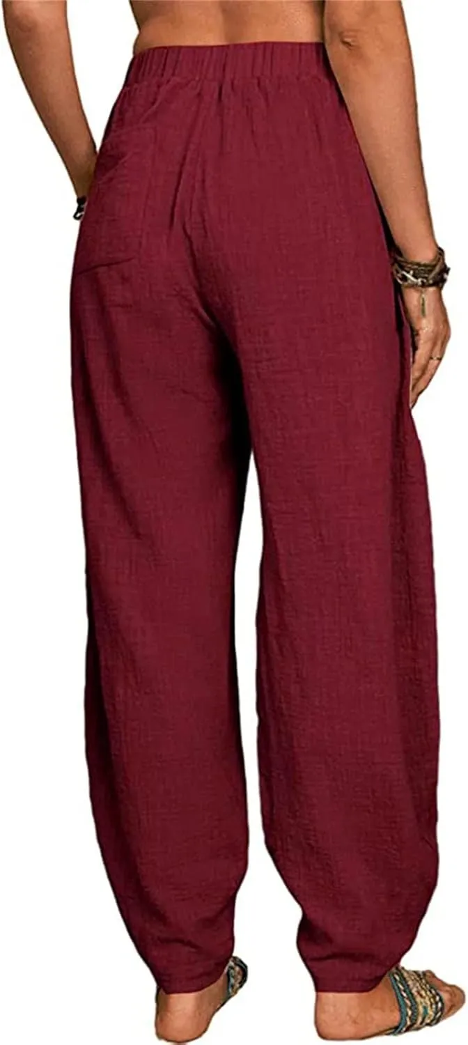 Women's Linen Summer Split Flowy Palazzo Pants Elastic Waisted Long Lounge Loose Fit Pants Vacation