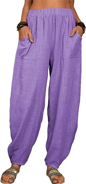 Women's Linen Summer Split Flowy Palazzo Pants Elastic Waisted Long Lounge Loose Fit Pants Vacation