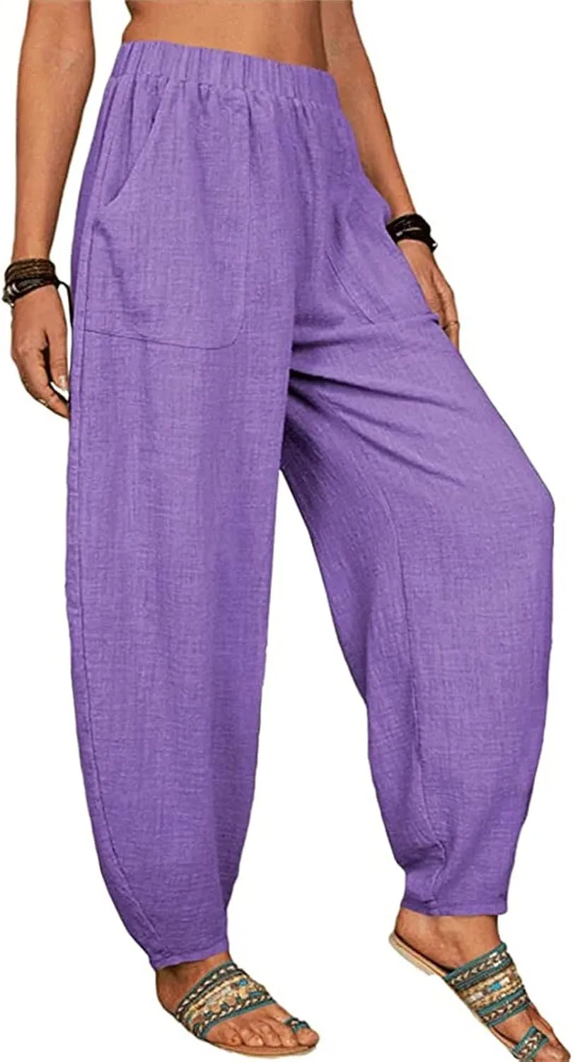 Women's Linen Summer Split Flowy Palazzo Pants Elastic Waisted Long Lounge Loose Fit Pants Vacation