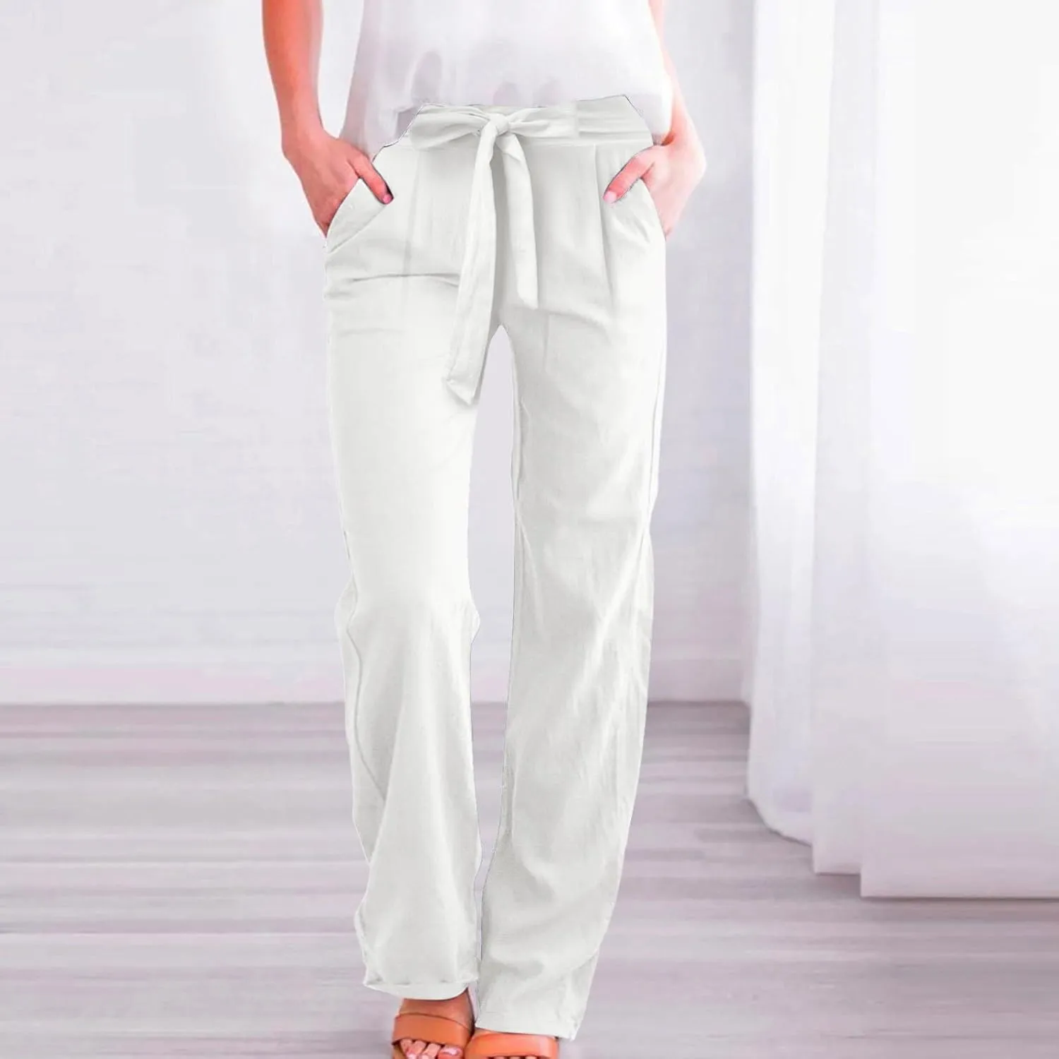 Womens Linen Summer Striped Pant Trousers Elastic Waist Wide Leg Slim-Fit Palazzo Lounge Pants Trendy