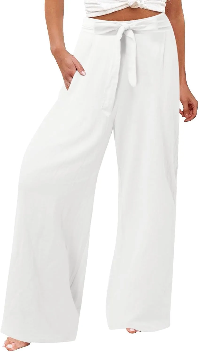 Womens Linen Summer Striped Pant Trousers Elastic Waist Wide Leg Slim-Fit Palazzo Lounge Pants Trendy