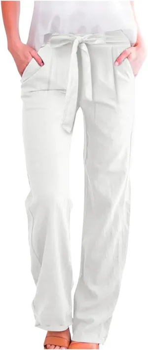 Womens Linen Summer Striped Pant Trousers Elastic Waist Wide Leg Slim-Fit Palazzo Lounge Pants Trendy